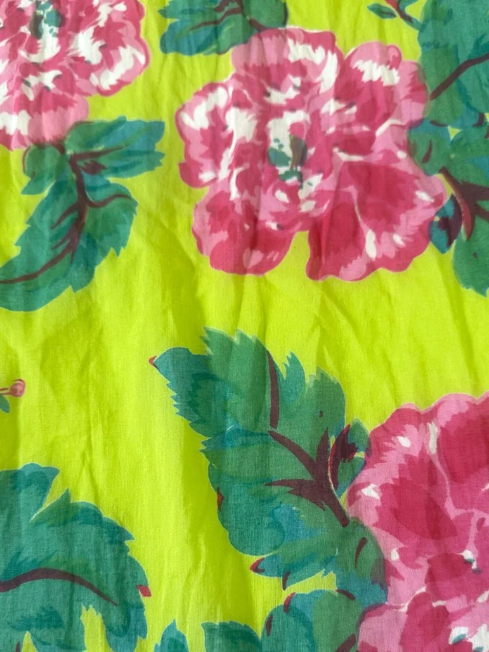 Vtg Graham Kandiah NY Floral Lime Green Pink Cotton Scarf Beaded Wrap Sarong Y2K